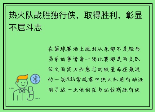 热火队战胜独行侠，取得胜利，彰显不屈斗志