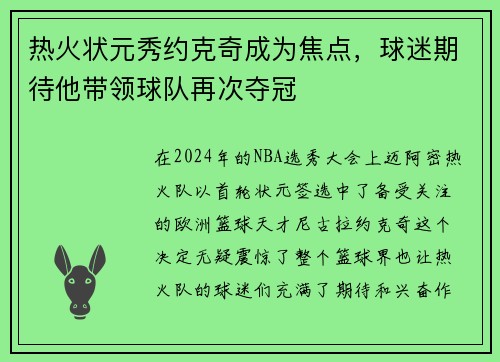 热火状元秀约克奇成为焦点，球迷期待他带领球队再次夺冠